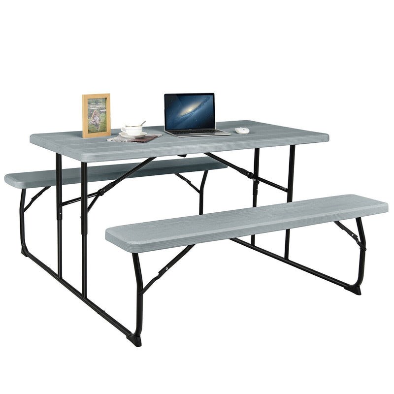 Indoor and Outdoor Folding Picnic Table Bench Set with Wood-like Texture-Gray