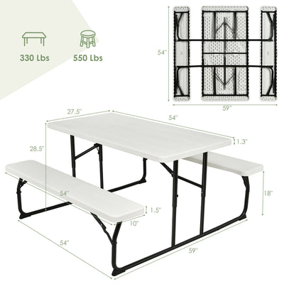 Indoor and Outdoor Folding Picnic Table Bench Set with Wood-like Texture-White