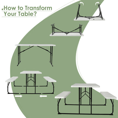 Indoor and Outdoor Folding Picnic Table Bench Set with Wood-like Texture-White