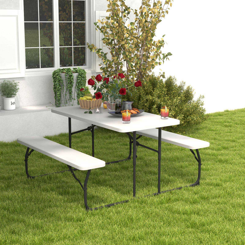 Indoor and Outdoor Folding Picnic Table Bench Set with Wood-like Texture-White