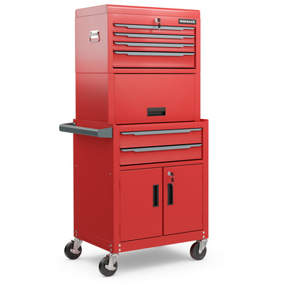 3-in-1 6-Drawer Rolling Tool Chest Storage Cabinet with Universal Wheels and Hooks-Red