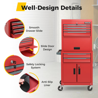 3-in-1 6-Drawer Rolling Tool Chest Storage Cabinet with Universal Wheels and Hooks-Red