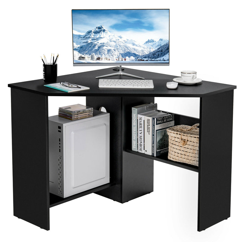 Corner Computer Desk Triangle Writing Workstation with Storage Shelf-Black