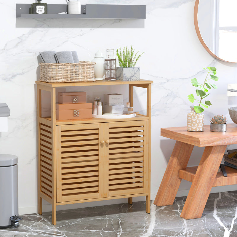 Bamboo Bathroom Floor Storage Cabinet with Shutter Doors-Natural