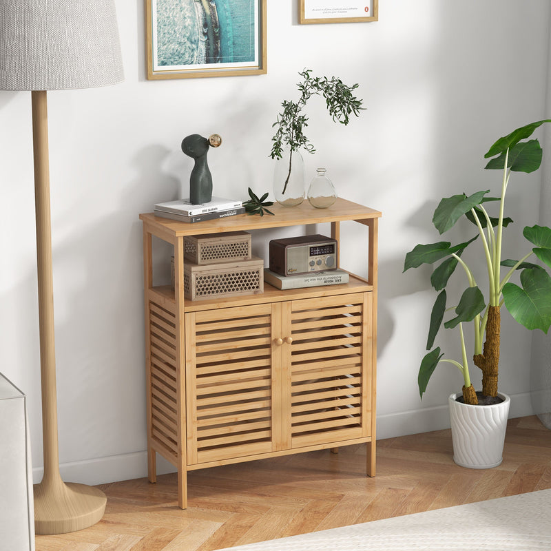 Bamboo Bathroom Floor Storage Cabinet with Shutter Doors-Natural