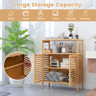 Bamboo Bathroom Floor Storage Cabinet with Shutter Doors-Natural