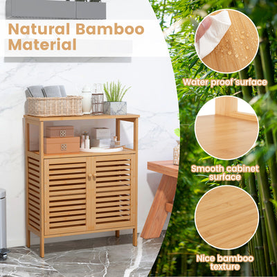 Bamboo Bathroom Floor Storage Cabinet with Shutter Doors-Natural