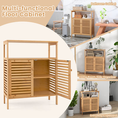 Bamboo Bathroom Floor Storage Cabinet with Shutter Doors-Natural