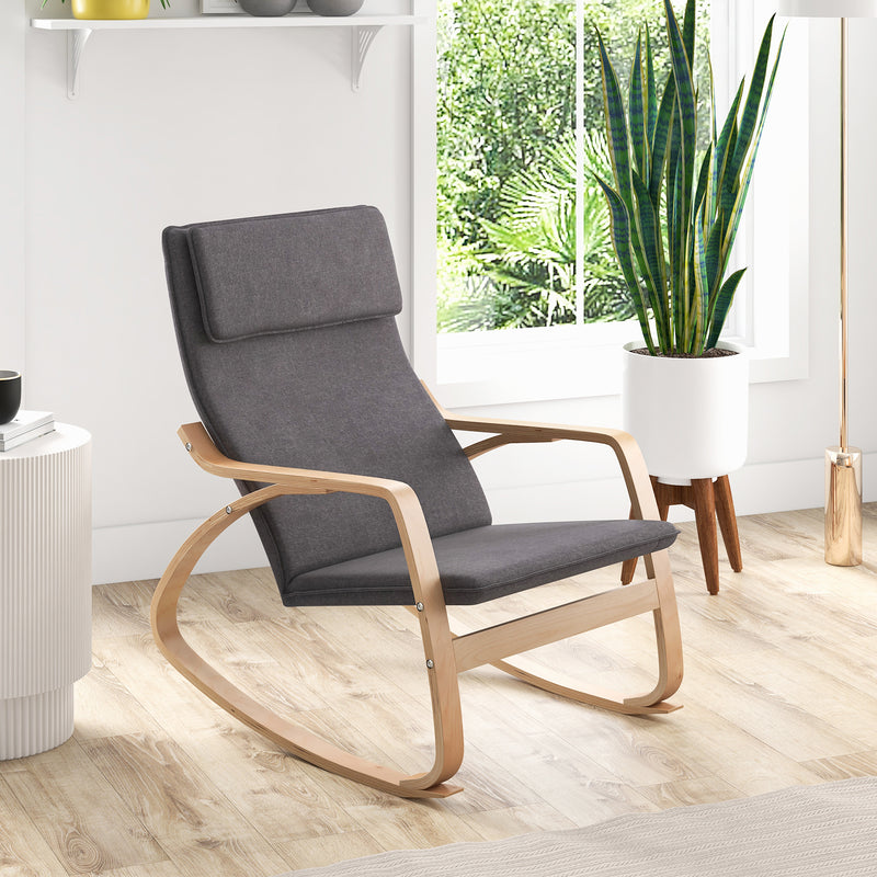 Modern Bentwood Rocking Chair Fabric Upholstered Relax Rocker Lounge Chair-Gray