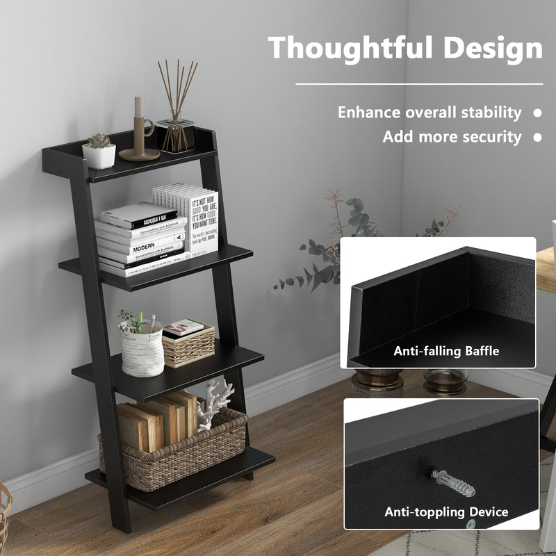 4-Tier Ladder Shelf with Solid Frame and Anti-toppling Device-Black