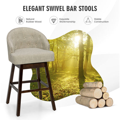 Set of 2 Swivel Bar Stools Tufted Bar Height Pub Chairs with Rubber Wood Legs-Beige