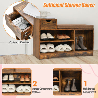 Entryway Storage Shoe Bench with 1 Storage Drawer and 3 Open Compartments-Rustic Brown