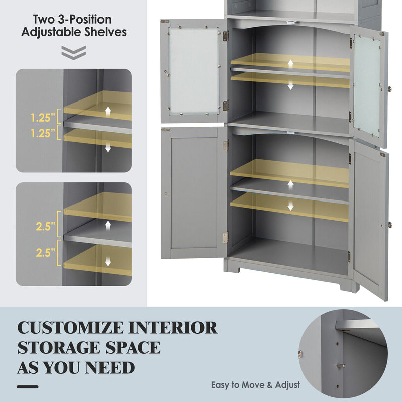 6-Tier Freestanding Bathroom Cabinet with 2 Open Compartments and Adjustable Shelves-Gray