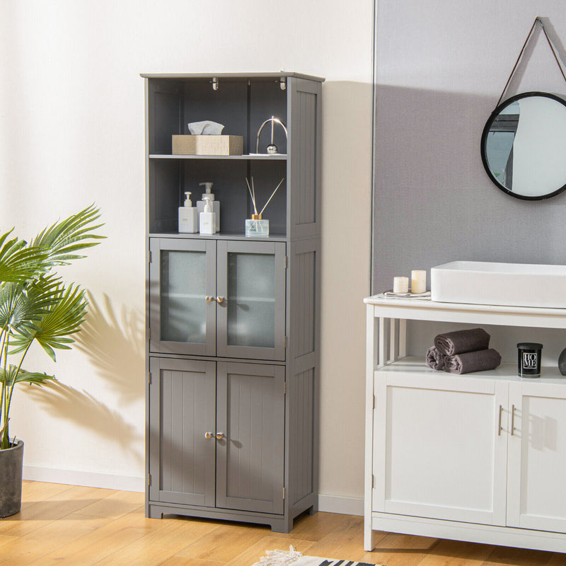 6-Tier Freestanding Bathroom Cabinet with 2 Open Compartments and Adjustable Shelves-Gray