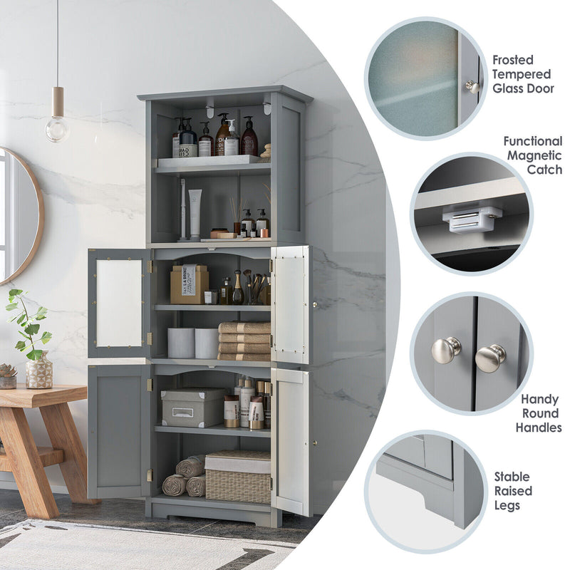 6-Tier Freestanding Bathroom Cabinet with 2 Open Compartments and Adjustable Shelves-Gray