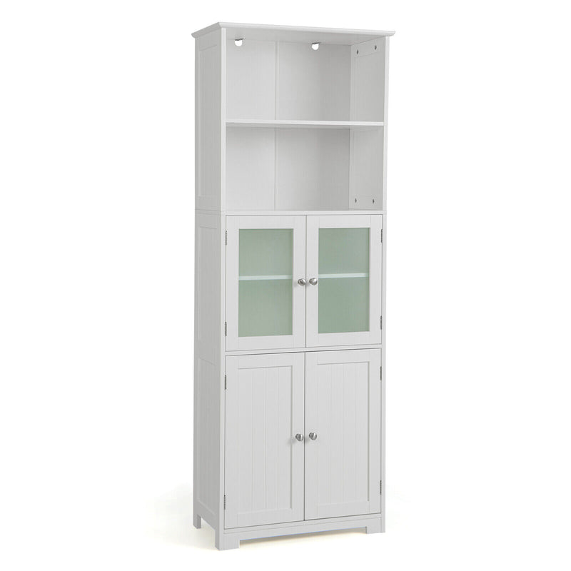 6-Tier Freestanding Bathroom Cabinet with 2 Open Compartments and Adjustable Shelves-White