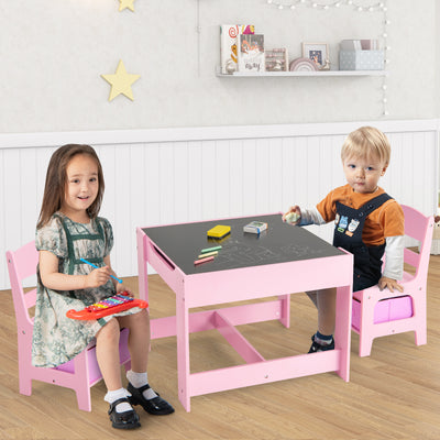 Kids Table Chairs Set With Storage Boxes Blackboard Whiteboard Drawing-Pink