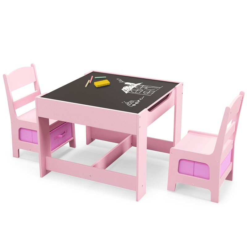 Kids Table Chairs Set With Storage Boxes Blackboard Whiteboard Drawing-Pink