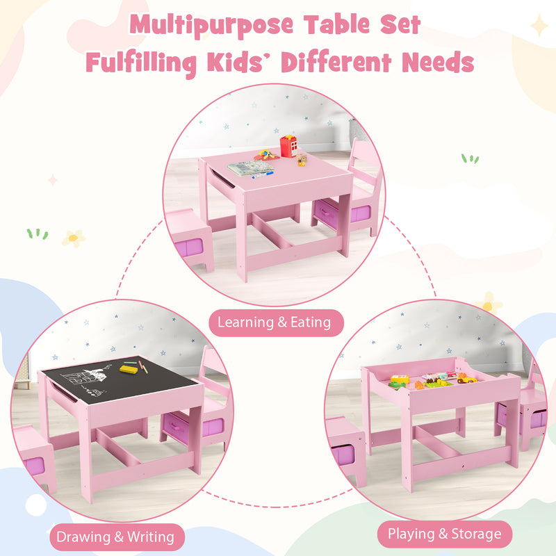 Kids Table Chairs Set With Storage Boxes Blackboard Whiteboard Drawing-Pink