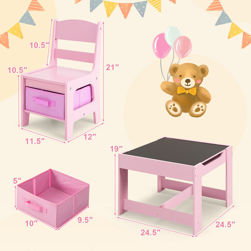 Kids Table Chairs Set With Storage Boxes Blackboard Whiteboard Drawing-Pink