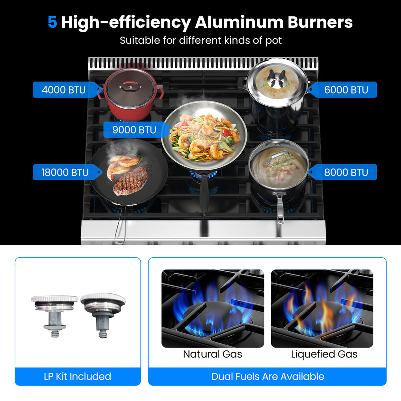 30 Inches 120V Natural Gas Range with 5 Burners Cooktop