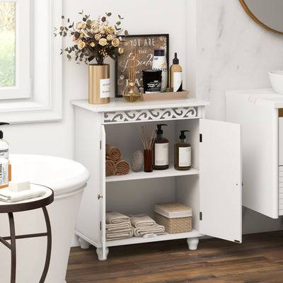 Freestanding Bathroom Cabinet Floor Storage Organizer with Adjustable Shelf and Solid Wood Legs-White