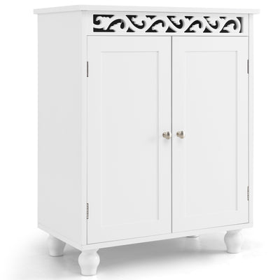 Freestanding Bathroom Cabinet Floor Storage Organizer with Adjustable Shelf and Solid Wood Legs-White