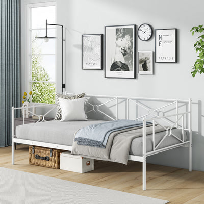 Metal Daybed Twin Bed Frame Stable Steel Slats Sofa Bed-White