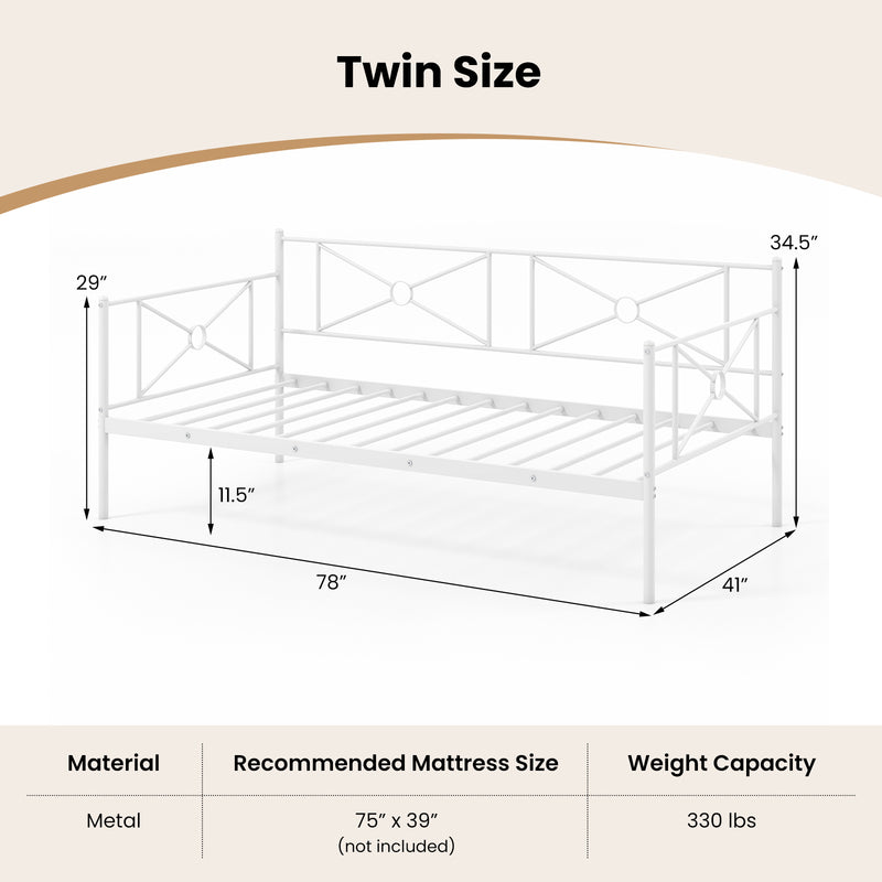 Metal Daybed Twin Bed Frame Stable Steel Slats Sofa Bed-White