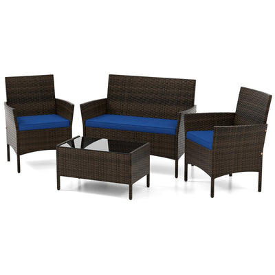 4 Piece Patio Rattan Conversation Set with Cozy Seat Cushions-Navy