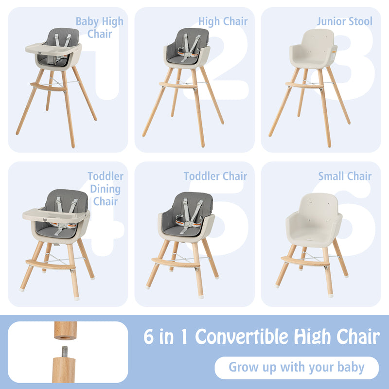 3-in-1 Convertible Wooden High Chair with Cushion-Light Gray