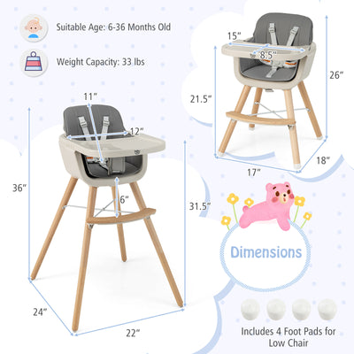 3-in-1 Convertible Wooden High Chair with Cushion-Light Gray