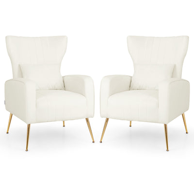 Velvet Upholstered Wingback Chair with Lumbar Pillow and Golden Metal Legs-White