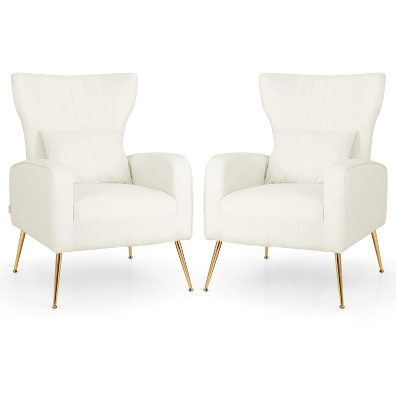 Velvet Upholstered Wingback Chair with Lumbar Pillow and Golden Metal Legs-White