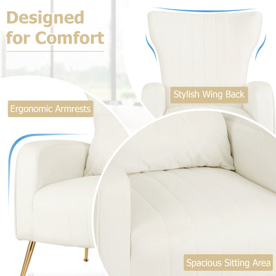 Velvet Upholstered Wingback Chair with Lumbar Pillow and Golden Metal Legs-White