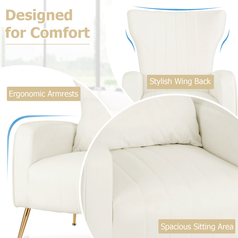 Velvet Upholstered Wingback Chair with Lumbar Pillow and Golden Metal Legs-White