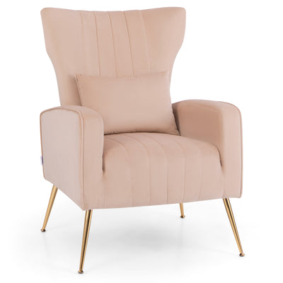 Velvet Upholstered Wingback Chair with Lumbar Pillow and Golden Metal Legs-Pink