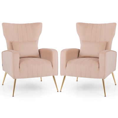 Velvet Upholstered Wingback Chair with Lumbar Pillow and Golden Metal Legs-Pink