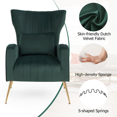 Velvet Upholstered Wingback Chair with Lumbar Pillow and Golden Metal Legs-Turquoise