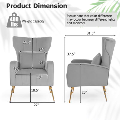 Velvet Upholstered Wingback Chair with Lumbar Pillow and Golden Metal Legs-Gray