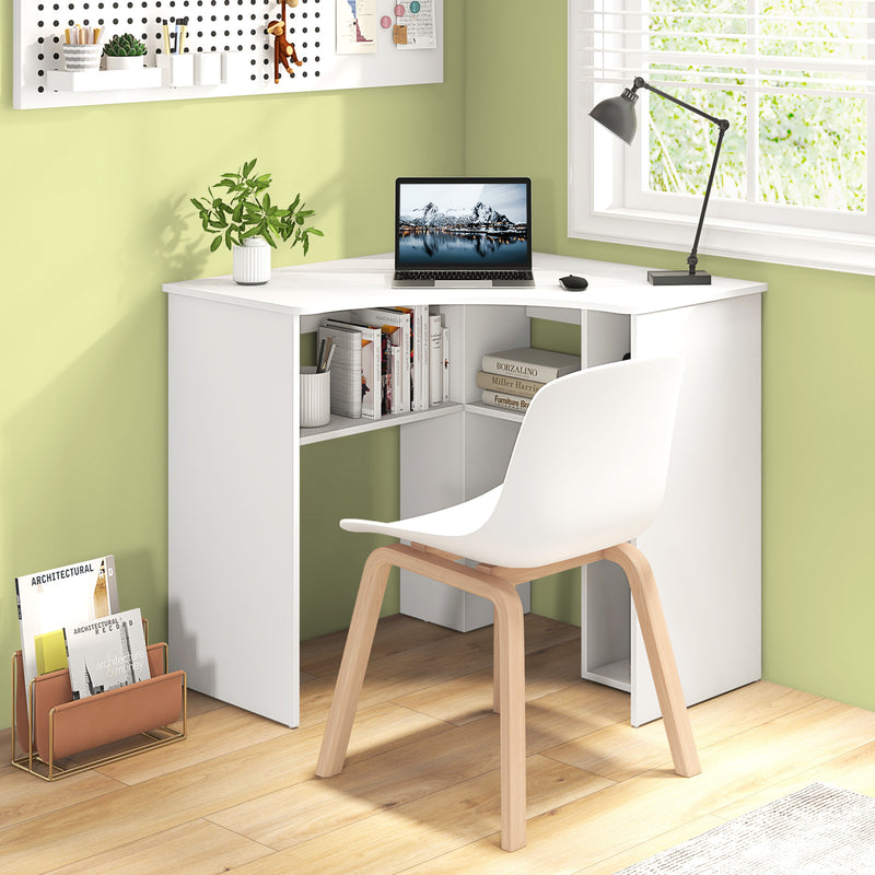 Corner Computer Desk Triangle Home Office Desk with Adjustable Shelf and Arc-Shaped Profile-White