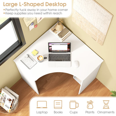 Corner Computer Desk Triangle Home Office Desk with Adjustable Shelf and Arc-Shaped Profile-White