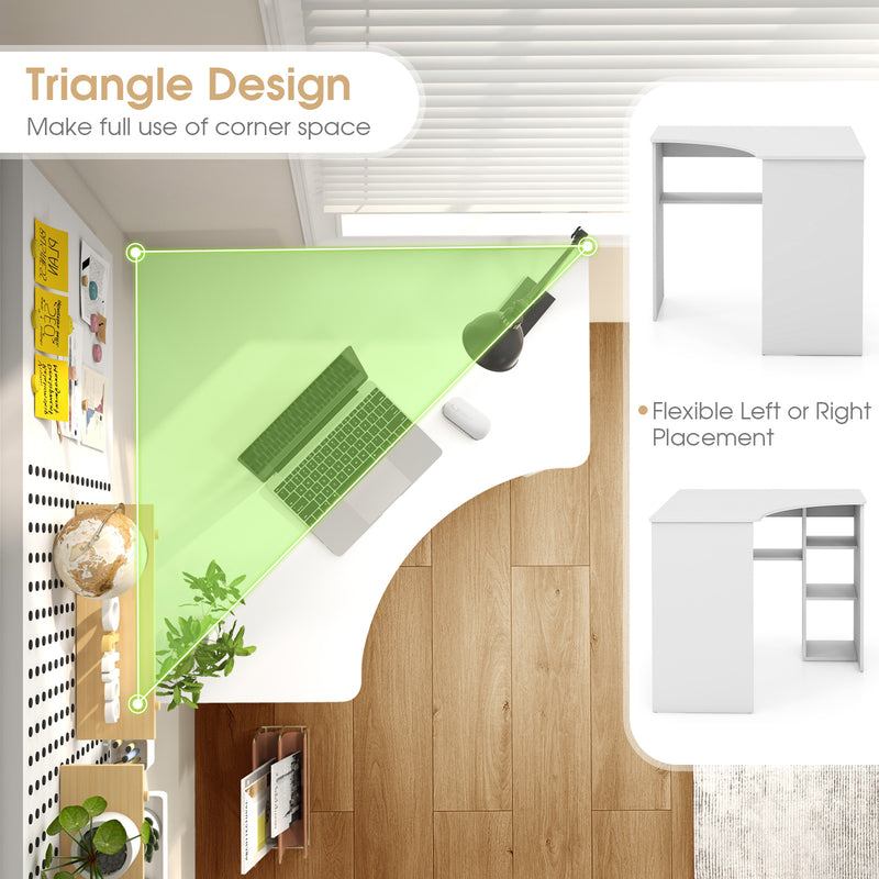 Corner Computer Desk Triangle Home Office Desk with Adjustable Shelf and Arc-Shaped Profile-White