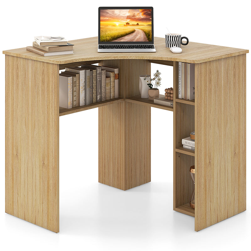 Corner Computer Desk Triangle Home Office Desk with Adjustable Shelf and Arc-Shaped Profile-Natural