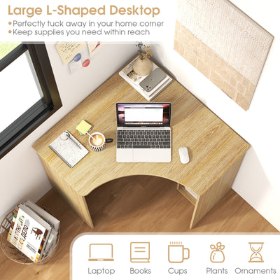 Corner Computer Desk Triangle Home Office Desk with Adjustable Shelf and Arc-Shaped Profile-Natural