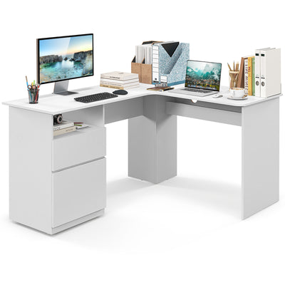 L-Shaped Computer Desk with Letter File Drawer-White