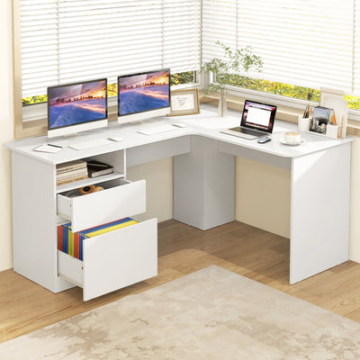 L-Shaped Computer Desk with Letter File Drawer-White