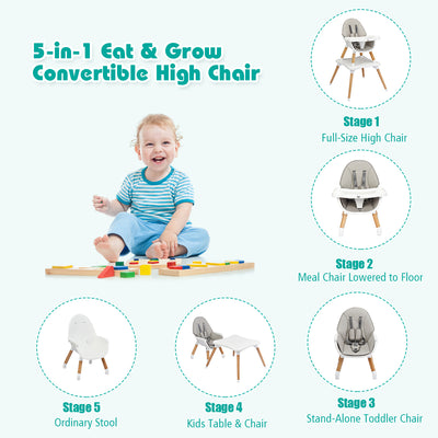 5-in-1 Baby Wooden Convertible High Chair -Gray