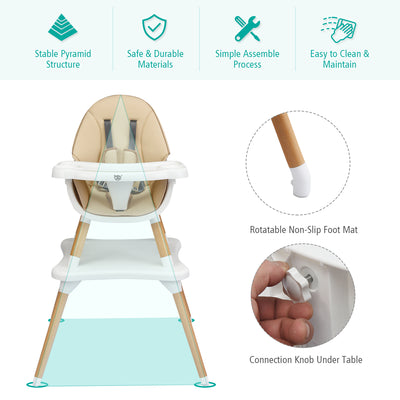 5-in-1 Baby Wooden Convertible High Chair -Khaki