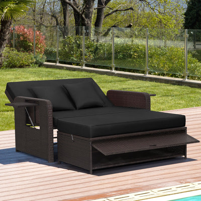 Patio Rattan Daybed with 4-Level Adjustable Backrest and Retractable Side Tray-Black